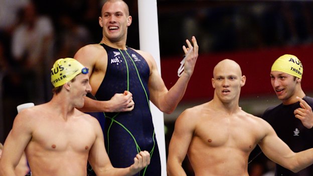 Music to their ears: Australia's 4x100m relay team of Chris Fydler, Ashley Callus, Michael Klim and Ian Thorpe celebrate their Sydney Olympic Games gold medal.