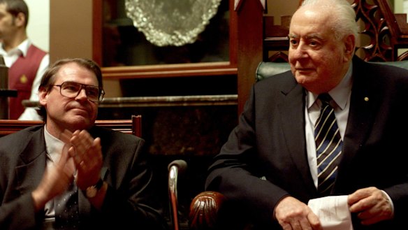 John Faulkner and Whitlam at the launch of their SBS documentary, Gough Whitlam: In His Own Words. This was based on an in-depth conversation between the pair covering Whitlam’s public life including The Dismissal. 