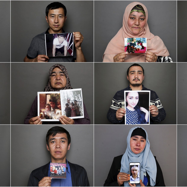 Uighurs residents in Australia hold photos of relatives who are missing in China. 