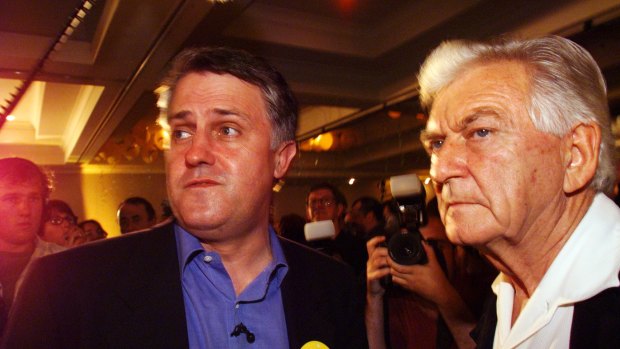 Facing the grim news ... Bob Hawke and Malcolm Turnbull digest the result of the referendum at the republicans' party at the Marriot Hotel in Sydney in 1999.
