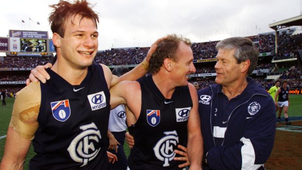 Aaron Hamill in his Carlton playing days alongside Craig Bradley and former Blues coach David Parkin.