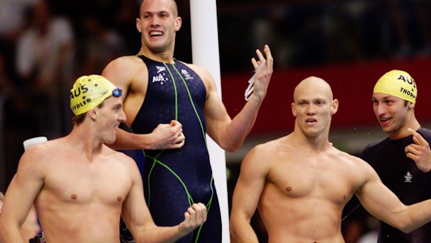 Music to their ears: Australia's 4x100m relay team of Chris Fydler, Ashley Callus, Michael Klim and Ian Thorpe celebrate their Sydney Olympic Games gold medal.