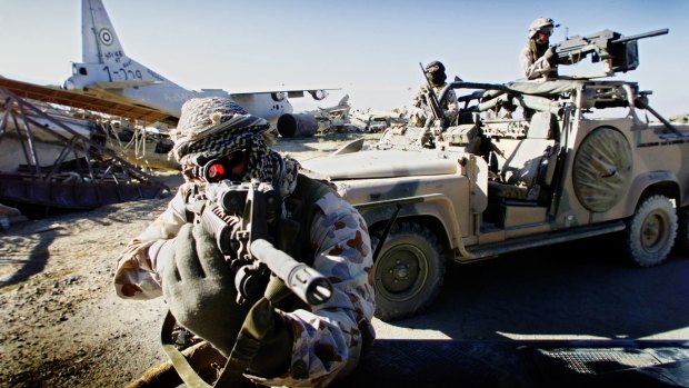 Australian SAS soldiers on patrol near Bagram, Afghanistan, September 2002.