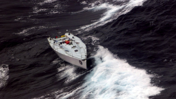 The yacht, Sword of Orion, abandoned after losing its mast.