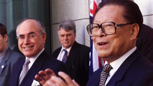 Former Chinese president Jiang Zemin, who has died aged 96, with former Australian prime minister John Howard.