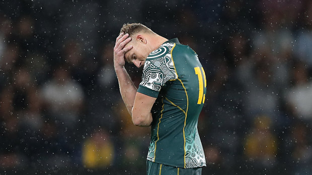 Reece Hodge reacts after missing a late penalty against Argentina last year in Sydney. 