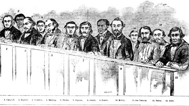 The 13 men charged with treason for their part in the Eureka Rebellion.