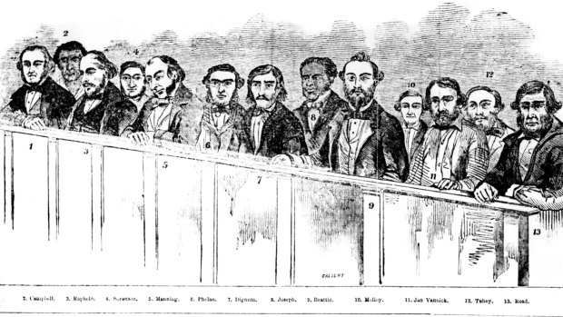 An illustration depcting John Joseph (sixth from right), one of the 13 men charged with treason for their part in the Eureka Rebellion.