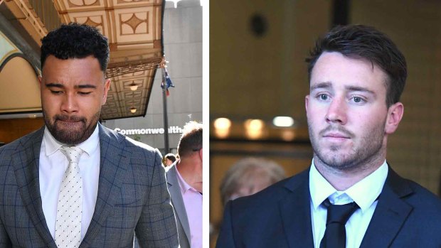 Former NRL players Zane Musgrove, left, and Liam Coleman leave the Downing Centre District Court in Sydney.