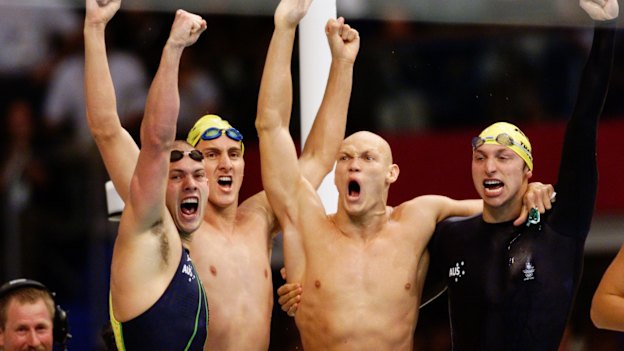 Michael Klim , Ian Thorpe , Chris Fydler and Ashley Callus celeb rate their gold in the 4x100m relay.