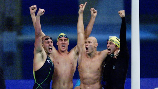 Australian teammates (from left) Ashley Callus, Chris Fydler, Michael Klim and Ian Thorpe celebrate after winning gold and setting a new world record in the men’s 4X100m freestyle relay event at the Sydney Olympics in 2000.