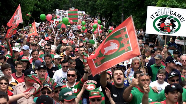 Fans in full voice ... the protest to reinstate the Rabbitohs.