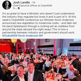 NSW Clubs CEO Josh Landis praised Hospitality and Racing Minister Kevin Anderson as a friend to the industry on his LinkedIn page.