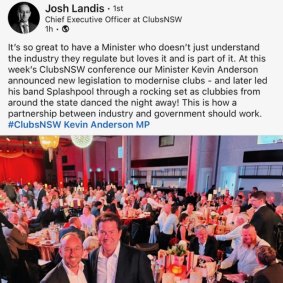 NSW Clubs CEO Josh Landis praised Hospitality and Racing Minister Kevin Anderson as a friend to the industry on his LinkedIn page.