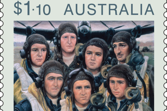 Stella Bowen's Bomber crew 1944: Back row, from left: Sergeant D G Champkin of the RAF, flight engineer; Pilot Officer Thomas Lynch, rear gunner; Flying Officer Hector Harrison, wireless operator; Flying Officer Ronald Neal, mid upper gunner. Front row, from left: Flying Officer Marmion Carroll, navigator; Squadron Leader Eric Jarman, pilot; Flying Officer Francis Jackson, bomb aimer.