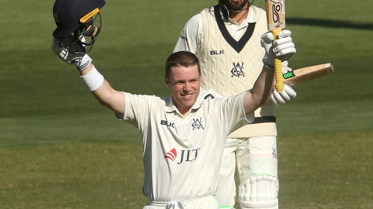 Doubling up: Harris celebrates reaching 200 for Victoria in their thrashing of NSW.