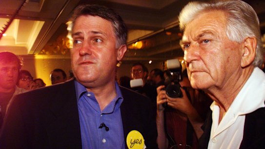 Bob Hawke and Malcolm Turnbull at the Republic party at the Marriot Hotel; in Sydney digest the results.