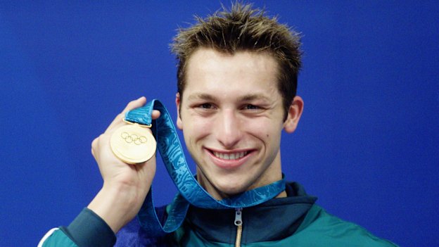Ian Thorpe celebrates his first Olympic gold medal in the 400m freestyle.