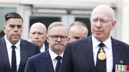 Speaker Milton Dick, Opposition Leader Peter Dutton, Prime Minister Anthony Albanese, ACT Chief Minister Andrew Barr and Governor-General David Hurley arrive for a wreath laying ceremony at the statue of Her Majesty Queen Elizabeth II, at Parliament House in Canberra on Saturday 10 September 2022. fedpol Photo: Alex Ellinghausen