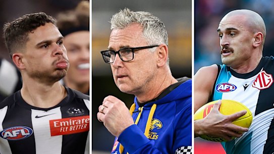Collingwood’s Bobby Hill goals against Geelong; West Coast coach Adam Simpson is under more pressure after the derby loss to Fremantle; and, Sam Powell-Pepper on the burst for Port Adelaide.