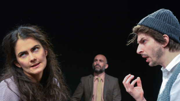Grace Naoum as Molly with Matt Abotomey (Frank) and, in the background, Yannick Lawry as Mr Rice in Molly Sweeney.