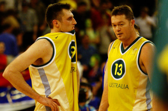 Chris Anstey and Luc Longley in action for Australia in 2000.