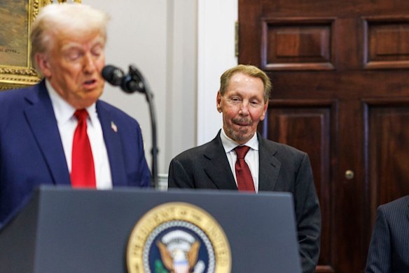 Donald Trump with Larry Ellison. The Ellison family’s ties to the president – which included a dinner that David Ellison hosted in April “honouring the Trump White House” – have made many Democrats and a sizable contingent in Hollywood wary of his growing power.