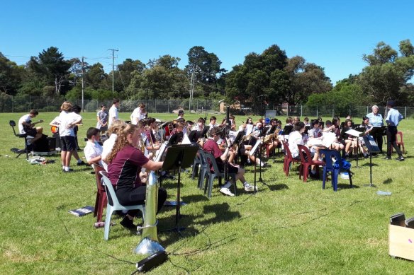 One of Ringwood Secondary College’s 16 ensembles rehearsing on the school oval earlier this year. 