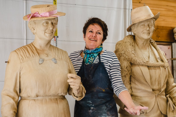 The initial casting phase of the new sculpture of Dorothy Tangney and Dame Enid Lyons by Lis Johnson.