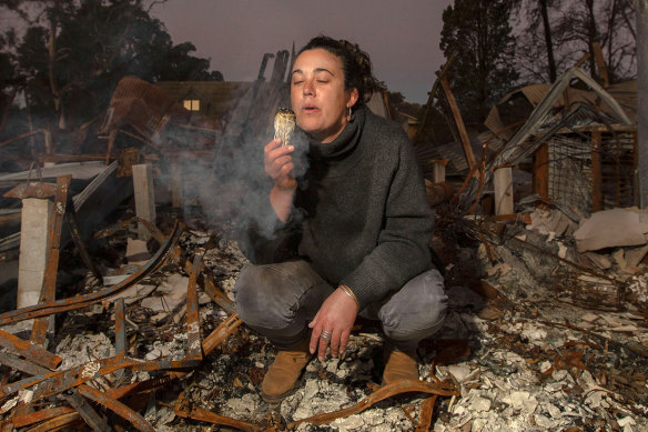 Mallacoota resident Jess Van Swol in the aftermath of the catastrophic fires of 2019/20. 