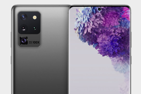 An artist's render of the Galaxy S20, based on the most recent leaks, shows a three-camera array. Below is a 10x optical zoom lens (marked 'Space Zoom 100x) which is rumoured to be exclusive to a premium version of the phone.