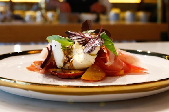 Buffalo mozzarella, peaches and prosciutto at L’Americano Espresso Bar.