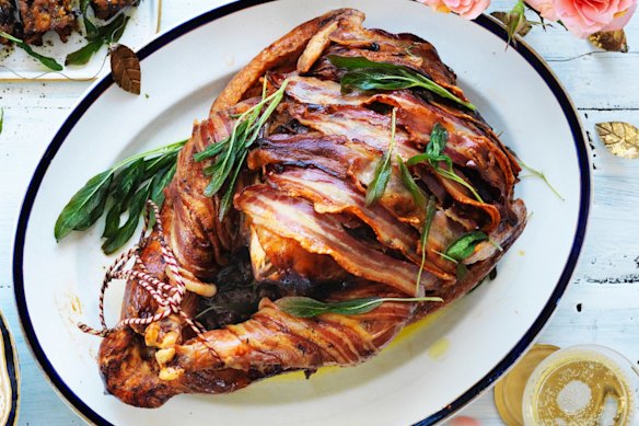 The bacon-wrapped roast turkey centrepiece (with pumpkin and fruit mince stuffing, top).