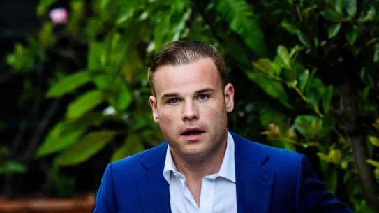 Former Sky News producer Taylor Auerbach leaves his Rose Bay home before giving a press conference in Elizabeth Bay.