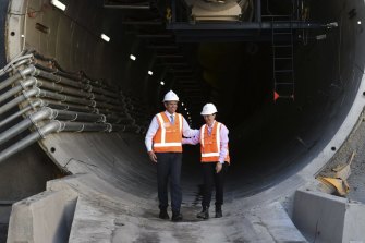 Then premier Mike Baird with transport minister Gladys Berejiklian at the North West Rail Link construction site in 2015.