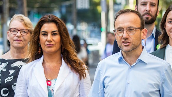 Greens leader Adam Bandt with (left to right) Senator Janet Rice, and Senator Lidia Thorpe.