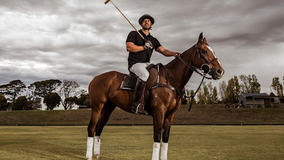 Tolga Kumova, pictured with mount Quago,  had never ridden a horse before buying Mingela polo farm  near Daylesford.