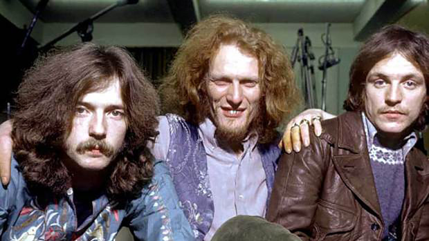Ginger Baker (middle) with Jack Bruce (right) and Eric Clapton in Cream.
