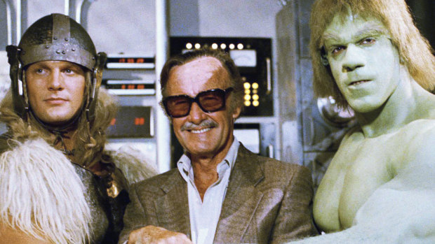 Stan Lee with his superheroes, The Incredible Hulk and Thor, in 1988.