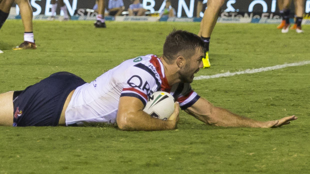 Starting to gel: James Tedesco scores a try in the Roosters' win over Cronulla last weekend.