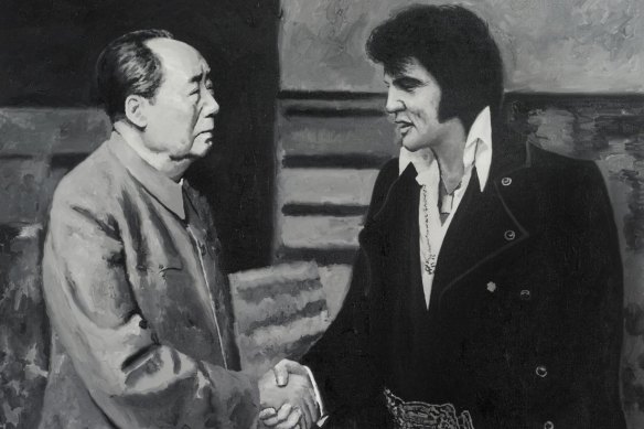 Shi Xinning's painting of Mao Zedong meeting Elvis Presley hovered over the interview.
