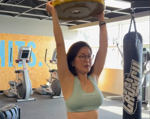 A still from a video posted by Gladys Liu announcing that she has become a certified fitness trainer.