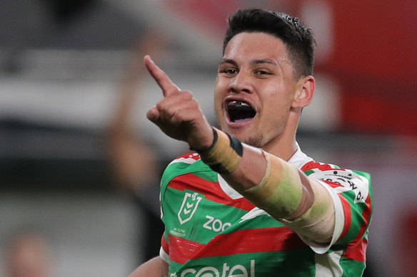 Jaxson Paulo celebrates a try at Bankwest Stadium.