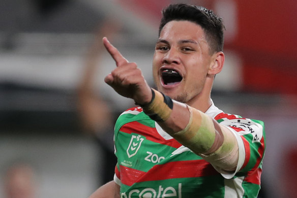 Jaxson Paulo celebrates a try at Bankwest Stadium.