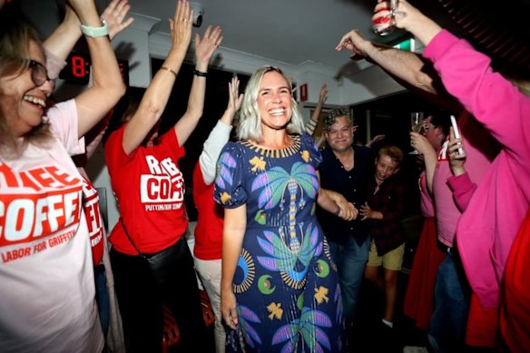 Renee Coffey with supporters on winning the seat of Griffith in Brisbane for Labor.