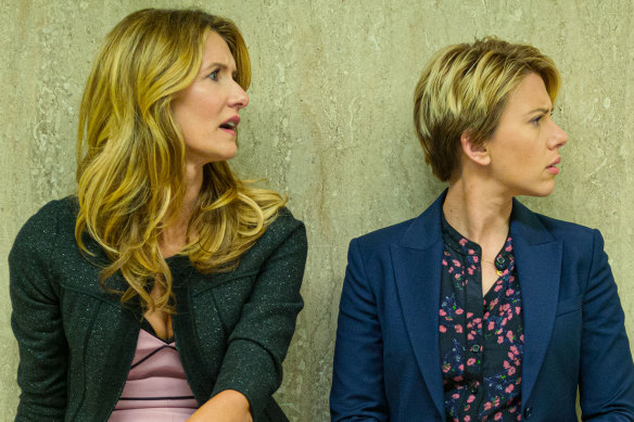 Golden Globe frontrunner Laura Dern, left, with nominee Scarlett Johansson in Marriage Story.