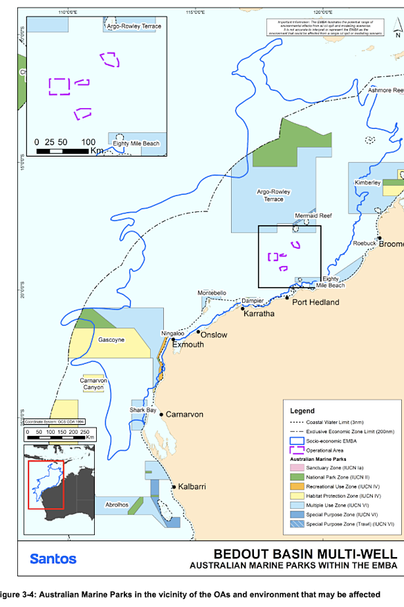 The Santos modelling showing worst-case-scenario oil spills (highlighted by the blue line).
