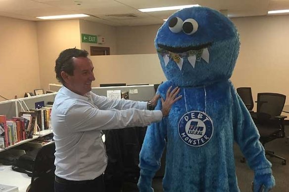 Mark McGowan with Labor's Debt Monster, used to promote its campaign against the Liberal's public debt.