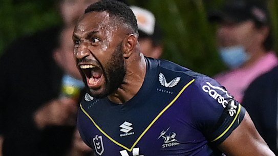 Melbourne centre Justin Olam celebrates a try in the qualifying final against Manly.