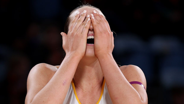 Lightning keeper Ashleigh Ervin expresses her frustration during Saturday night’s controversial Super Netball match against the Giants.